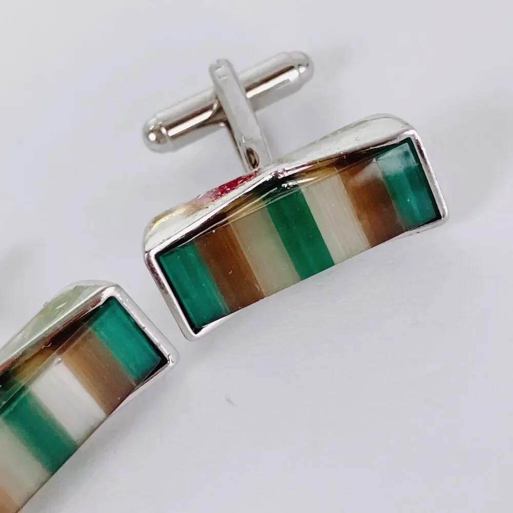 Vintage 1970s Striped Glass Inlay Modernist Geometric Cufflinks Mens Mod Jewelry